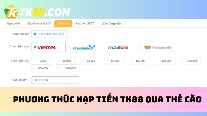 Chọn hình thức nạp qua thẻ cào điện thoại 